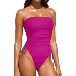 Maillot de bain une pièce sans bretelles pour femme, blanc uni, froncé sur le côté, style bandeau asymétrique, en spandex et polyester extensible - Product Image 4