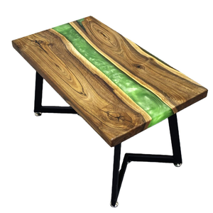 Table à manger unique en bois naturel et résine époxy avec structure métallique et finition brillante pour un décor contemporain et traditionnel - Product Image 5