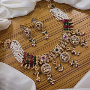 Traditional <b>Gold</b> Plated Kundan Pearl Meenakari <b>Choker</b> Set Ethnic Indian Jewelry for Saree & Lehenga Looks - Product Image 1