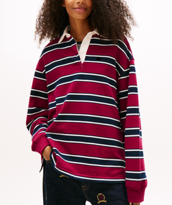 Camisetas de Rugby a Rayas para Mujer, Personalizadas con Logotipo OEM, Cuello Solapa, Corte Holgado, Manga Larga, Ropa Deportiva, Mezcla de Algodón/Poliéster, Venta al Por Mayor - Product Image 1