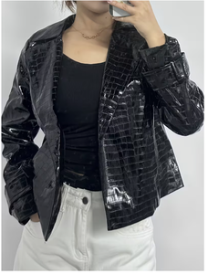 Blouson bomber noir en PU gaufré effet crocodile, col rabattu, fermeture éclair, coupe ajustée, longueur courte, streetwear d'automne - Product Image 3
