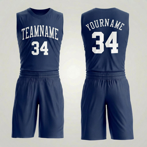 Conjunto de Uniforme de Baloncesto Personalizado, Color Azul Marino, Sin Mangas, Malla 100% Poliéster, Absorbe la Humedad, Impresión con Nombre del Equipo, Unisex, para Adultos - Product Image 1