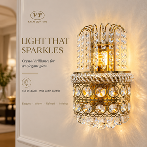 Lampe murale décorative de luxe en fer et cristal doré avec deux douilles E14 pour salon, chambre, couloir, hôtel - Product Image 2