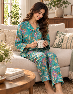 Conjunto de Pijama Hecho a Mano para Mujer |   Atractivo Conjunto de Pijama con Estampado Floral |   Camisa cómoda, pijama con bolsa a juego |   Ropa de dormir - Product Image 1