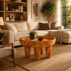 Wholesale Premium <b>Solid</b> Suar <b>Wood</b> Modern Organic Vessel Coffee Table Honey Finish 4-Leg Sculpt Living Room Furniture - Product Image 5