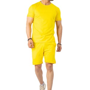 Ensemble deux pièces jaune pour hommes, t-shirt et short décontractés à manches courtes, tenue d'été 100% coton, streetwear - Product Image 1