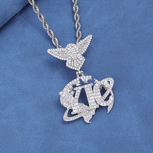 Mens Lab--Grown Diamond 925 <b>Silver</b> Angel Wing <b>Initial</b> Pendant <b>Necklace</b> Luxury Iced Out Chain - Product Image 4