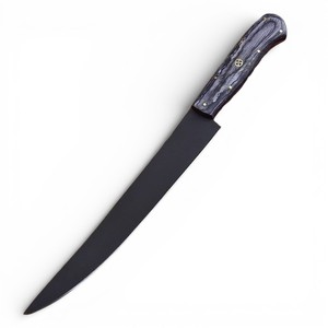 Cuchillo de filetear profesional de acero de Damasco afilado como una navaja, con recubrimiento en polvo, de grado industrial, mango de madera Pakka de 7 pulgadas y funda de cuero. - Product Image 1