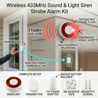 Sirena Inalámbrica de 433MHz con Sonido y Luz, Alarma Estroboscópica, Sirena Impermeable para Exteriores, para Sistema de Seguridad del Hogar