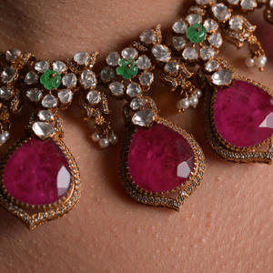 Collier statement en argent 925 avec rubis Polki, diamants et émeraudes, coupe poire, Royal Gulabi Rani Haar Gajaah, bijoux de mariée pour femmes - Product Image 2