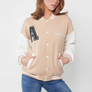 Beige White Varsity Jacket With Letter A Embroidery Preppy Style Regular Fit Turn-down Collar Single Breasted Men's Jackets - Product Image 6