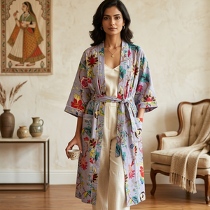 Bata Kimono de Algodón Gris con Estampado Floral, Larga, Ligera, Hecha a Mano, para Descanso, Baño y Spa de Verano - Product Image 5