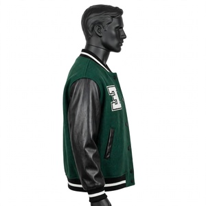 Blouson universitaire personnalisé en laine verte avec manches en cuir noir, style rétro vintage, pour lycée, vente en gros - Product Image 4