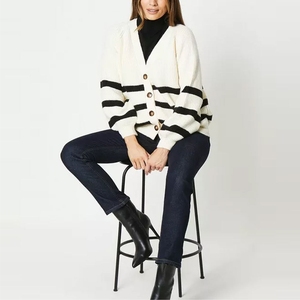 Cárdigan de Mujer a Rayas con Cuello en V, Manga Larga, Tejido de Punto, Cierre de Botones, Ropa Casual de Invierno, 100% Acrílico, Anti-Pilling - Product Image 1