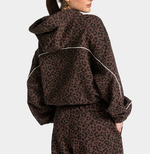 Custom Espresso Brown Leopard Print Oversized Contrast Pipping Women <b>Tracksuit</b> Set Contrast Lining Hoodie & Jogger For Women's - Product Image 4