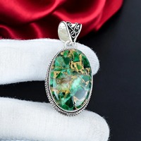 Pendentif ovale unisexe fait main en turquoise verte naturelle avec monture closée en argent sterling 925 plaqué argent, bijou de déclaration