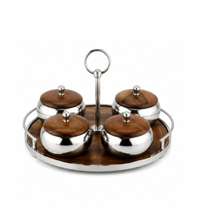 Luxury Stainless Steel Dry Fruit <b>Bowl</b> <b>With</b> Wooden <b>Lid</b> Date <b>Bowl</b> Set <b>With</b> Round Wooden <b>Serving</b> Tray Handle For Ramadan Decoration - Product Image 1