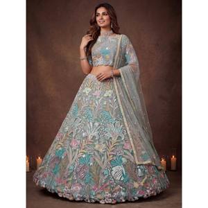 Sparkling Pista <b>Green</b> Embroidered <b>Net</b> Lehenga Choli for Women - Product Image 5