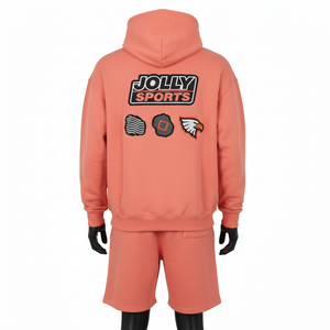 Conjunto de Sudadera con Capucha y Pantalones Cortos para Hombre, 320 GSM, Algodón y Poliéster, Felpa Color Coral Melocotón, Estilo Urbano, Logotipo Personalizado en Tela Tackle Twill - Product Image 4