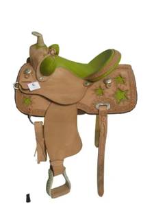 Selle de cheval western en cuir véritable 2026 avec étoiles vertes et ferrures en laiton pour la course de baril western - Product Image 3