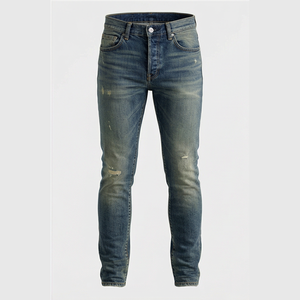 Jean en denim déchiré coupe droite pour homme, coupe slim, taille mi-haute, en coton, style décontracté, idéal pour le printemps - Product Image 1