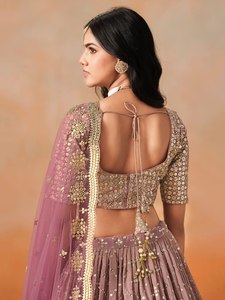 Purple Embroidered Organza Floor-Length A-Line <b>Lehenga</b> with Crop Top and Dupatta Quick Dry for Bridesmaid Wear - Product Image 2