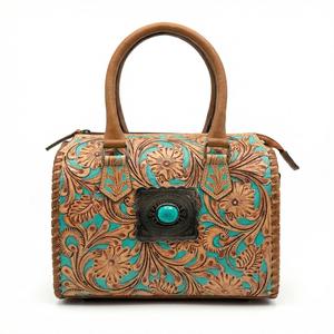 2026 New Arrival Luxury <b>Hand</b> Tooled Full Floral Carved Turquoise Green Stone Studded 100% Genuine Leather <b>Mini</b> Speedy Duffle Bag - Product Image 1