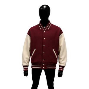 Chaqueta Varsity de Lana Color Granate Personalizada con Mangas Color Crema, Chaqueta Bomber de Béisbol para Hombre, Proveedor Mayorista de Ropa OEM - Product Image 1