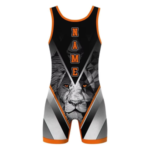 Trajes de lucha libre de diseño personalizado para entrenamiento y competición, talla grande, color naranja y negro con bloques de color. - Product Image 4