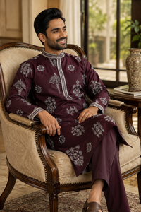 <b>Men</b> Ethnic Maroon Embroidered Cotton Kurta <b>Pyjama</b> Set Wedding Wear Designer Long Kurta Indian Pakistani Traditional Suit - Product Image 5