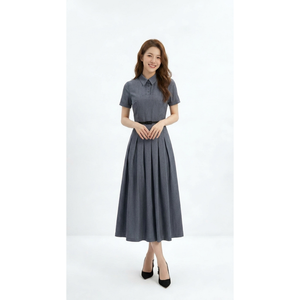 Vestidos de Mujer de Alta Calidad, Vestido Midi Elegante con Cuello Polo y Pliegues, Manga Corta, Vestido de Oficina para Mujer, Línea A, con Cinturón - Product Image 1