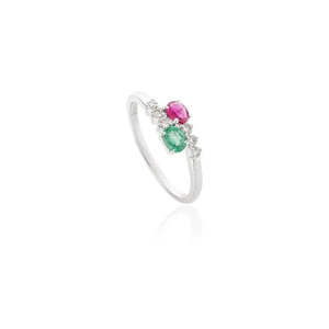 แหวนแต่งงานเพชรสองเม็ดประดับมรกตและทับทิมธรรมชาติทองคำขาว 14K - Product Image 3
