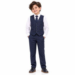 Ensemble uniforme scolaire à carreaux bleu marine pour garçons : chemise blanche, gilet, pantalon, cravate – Tenue formelle pour enfants et étudiants en polyester/coton - Product Image 1