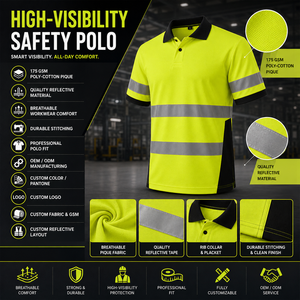 Polo de travail réfléchissant personnalisé, haute visibilité, jaune avec bordure noire, vêtements de sécurité avec placement du logo - Product Image 2