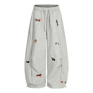 Cosh Sports Embroidered Dog Print Joggers Casual Yellow Loose-Fit Wide-Leg Baggy <b>Jeans</b> with Drawstring Waist - Product Image 4