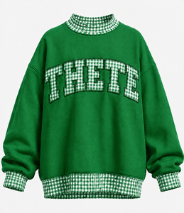 Sweat-shirt à col montant épais pour femme, coupe oversize, patchwork personnalisé à carreaux vichy, style universitaire décontracté - Product Image 6