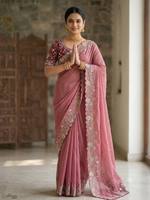 Sari traditionnel en soie Georgette lourde avec broderies riches et travail Zari, réversible, protection solaire, pour occasions de mariage