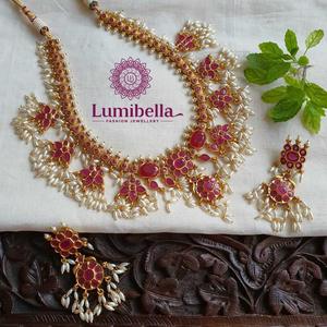Guttapusalu Haram-Luxury Gold Plated Pearl & Diamond Bridal Jewelry Set - Product Image 1