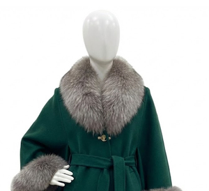 Women Green Wool Blend <b>Coat</b> with Faux Fur Collar Cuffs Belted Winter Fashion Warm Elegant Ladies Overcoat OEM Wholesale Boutique - Product Image 4