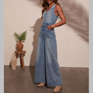 Mono de mujer sin mangas de Spandex/Poliéster con cuello en V, botones, cintura alta, pierna ancha, lavado, casual, corto, transpirable, para verano - Product Image 5