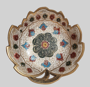 Ornate scalloped brass minakari bowl decorated with handcrafted twin <b>elephant</b> and lotus artwork, available at wholesale prices. - Product Image 6