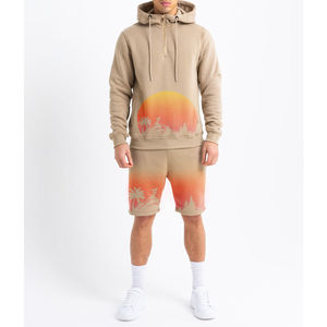 Conjunto de Sudadera con Capucha Beige para Hombre con Estampado de Atardecer, Corte Regular, Ropa Casual de Verano, Diseño con Bolsillos, Material Transpirable de Felpa Francesa - Product Image 1