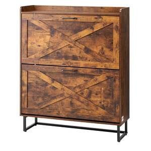 Meuble à chaussures de style campagnard à 2 tiroirs, marron, dispositif anti-basculement, pieds en métal, organisateur de chaussures autoportant pour entrée, salon - Product Image 1