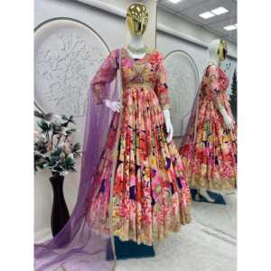 Vestido de Fiesta Hecho a Mano con Estampado Floral, Corte en A, Cintura Imperio, Tela de Chifón con Bordado de Hilo y Lentejuelas - Product Image 2