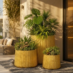 Ensemble de pots modernes Bloom Vessel avec design côtelé, résistant à la rouille, vase de sol pour décoration intérieure, cadeau de déménagement - Product Image 1
