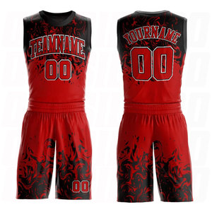 Ensemble de maillots de basket-ball personnalisés rouge, noir et blanc à col rond, sublimation, nom de l'équipe, numéro, logo imprimés - Product Image 1