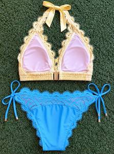 Ensemble de bikini en dentelle pour femme, haut triangle et bas à nouer sur les côtés, dentelle florale, couleurs personnalisées, maillot de bain - Product Image 3