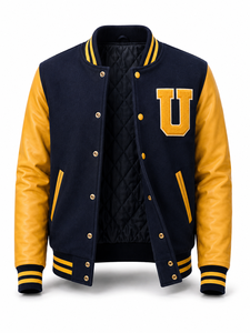 Veste universitaire unisexe bleu marine avec manches jaunes en laine/polyester, patchwork brodé lettre U, streetwear, col rabattu, hiver - Product Image 3
