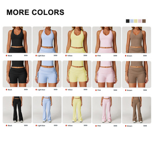 Ensemble de yoga jaune 2 pièces pour femme : haut court taille haute avec short froncé et pantalon, tenue de sport sans couture à col en V et sans manches - Product Image 3