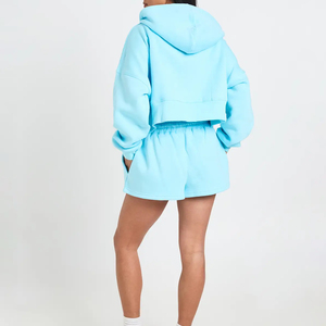 Ensemble de sport et streetwear 2 pièces pour femme de haute qualité, taille XL, couleur personnalisée, sweat à capuche court zippé, short uni au-dessus du genou, séchage rapide et respirant - Product Image 2